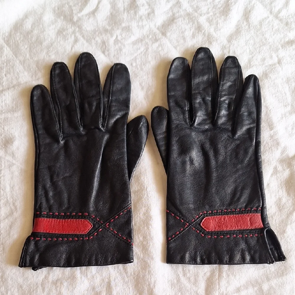 Black Leather Women's Gloves with Red Accent Vintage